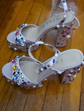 Gianni Bini Blush Pink Jeweled Block Heel Sandals